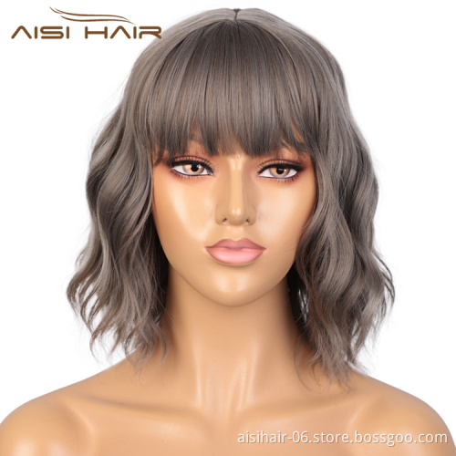 Aisi Hair Short Wavy Short Bob Gray Wig With Neat Bangs Body Wave Wig Heat Resistant Synthetic Fiber Wigs For Black White Women